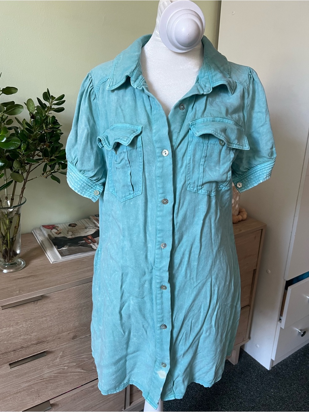 Turquoise Blue Acid-Washed Casual Short-Sleeve Button Down Mini Pockets Dress S